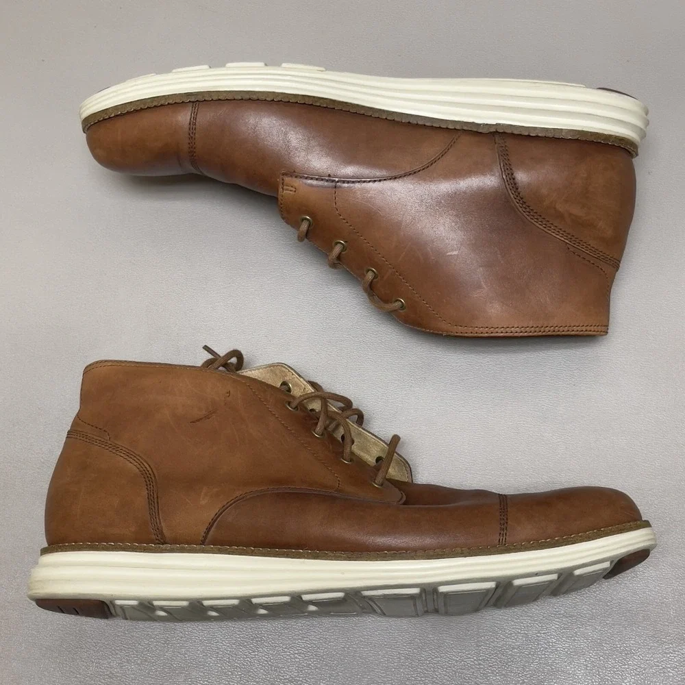 COLE HAAN Grand OS Boots Men 10.5 M Brown Leather‎ Chukka Cap Toe Lace Up Shoes